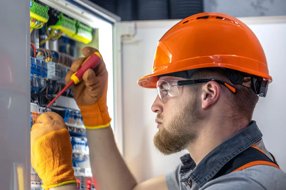 Électricien avec casque orange et lunettes de protection travaillant sur un tableau électrique